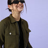 Olive Green Solid Pure Cotton Cropped Jacket