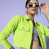 Women Attractive Fluorescent Green Solid Pure Cotton Denim Trucker Jacket