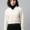 Women Off White Cropped Faux Fur Sweatshirt
