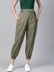 Women Olive Green  Cotton Cropped Cargo Joggers with Belt