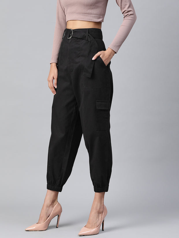 Women Black High-Rise Cargo Joggers with Belt