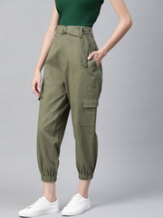 Women Olive Green  Cotton Cropped Cargo Joggers with Belt