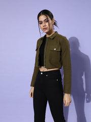 Olive Green Solid Pure Cotton Cropped Jacket