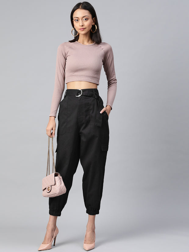 Women Black High-Rise Cargo Joggers with Belt