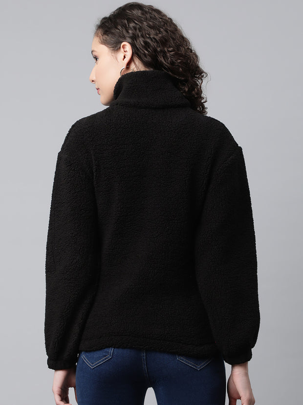Women Black Faux Fur Sweatshirt, Half Zipper