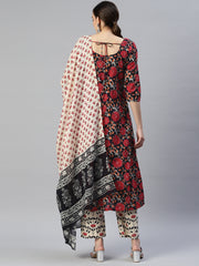 Women Black Floral Printed Pure Cotton Kurta with Trousers & With Dupatta