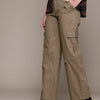 Popnetic Women High-Rise Pure Cotton Twill Weave Cargo-Style Wide Leg Trousers