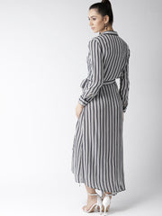 Popnetic Women White & Navy Blue Striped Maxi Dress
