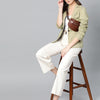Popnetic Women Olive Green & Off-White Printed Single Breasted Casual Pure Cotton Blazer
