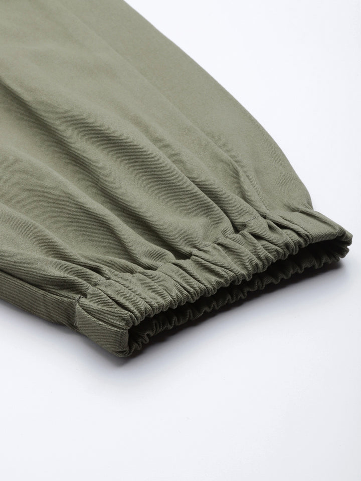 Women Olive Green  Cotton Cropped Cargo Joggers with Belt