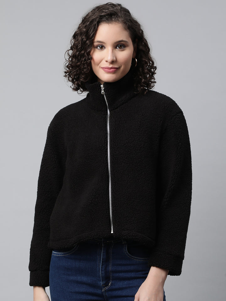 Woman Black Faux-Fur Sweatshirt, Full Zipper