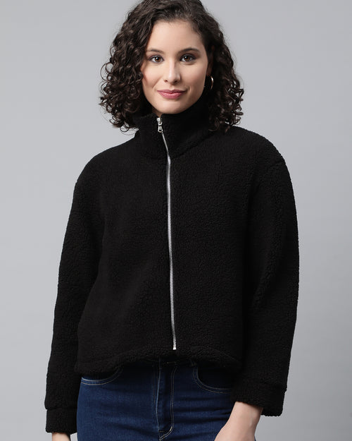 Woman Black Faux-Fur Sweatshirt, Full Zipper