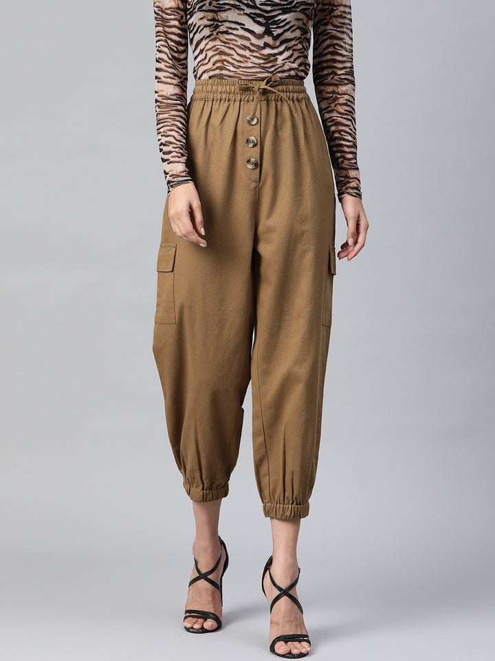 Women Khaki High-Rise Cargo Joggers