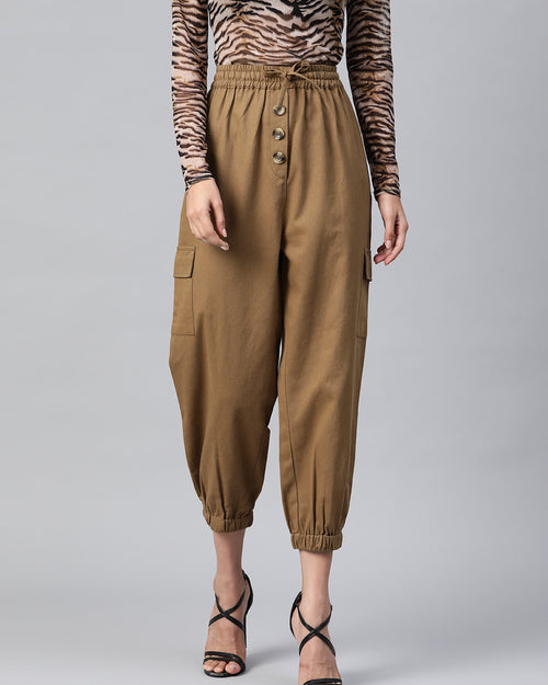 Women Khaki High-Rise Cargo Joggers