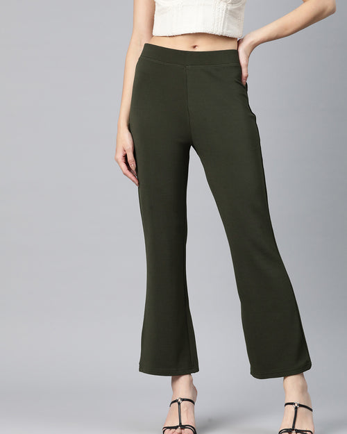 Olive Green Slim Fit High-Rise Bootcut Trousers