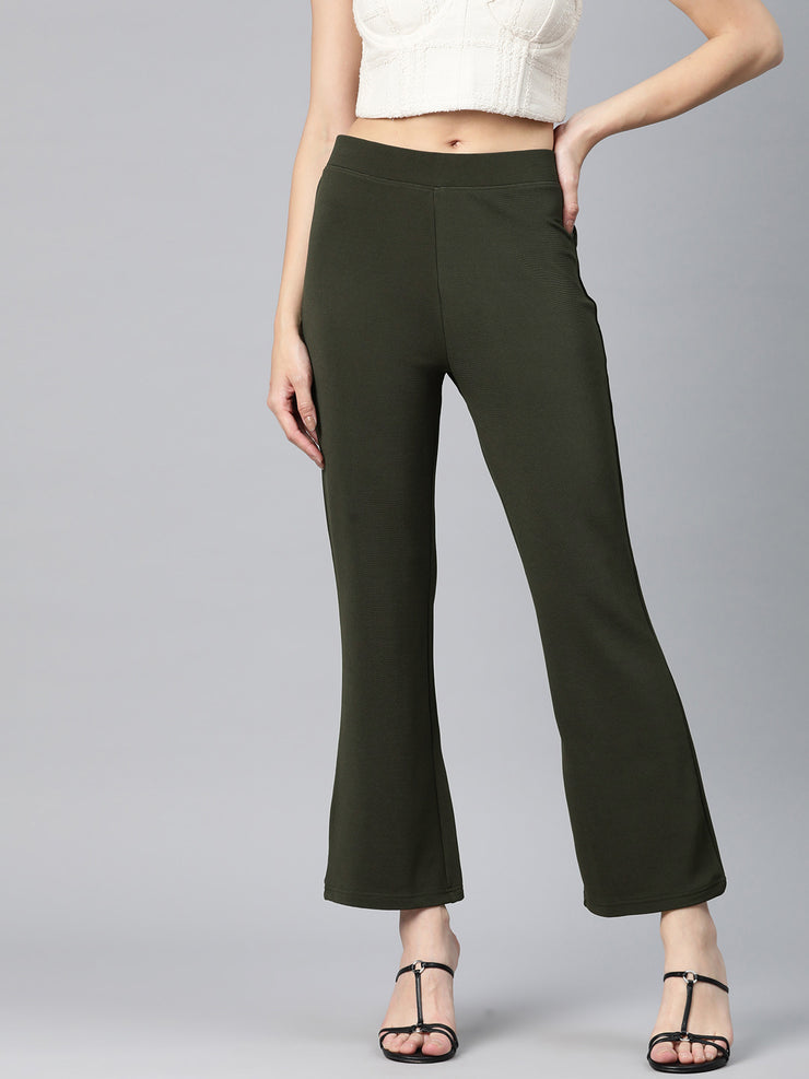 Olive Green Slim Fit High-Rise Bootcut Trousers