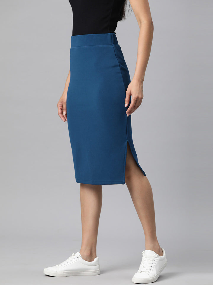 Teal Side Slit Pencil Skirt