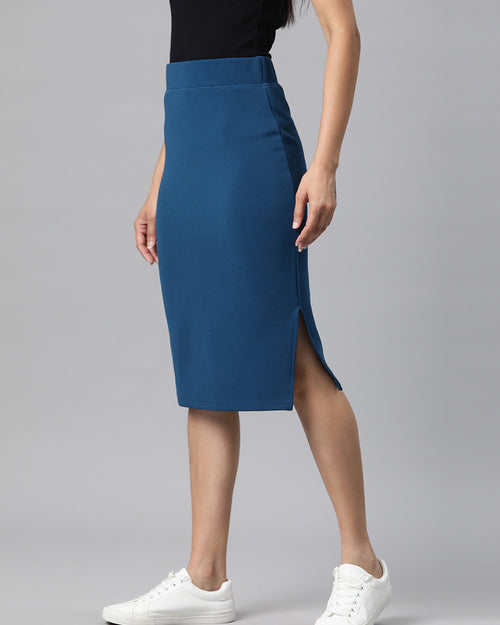 Teal Side Slit Pencil Skirt