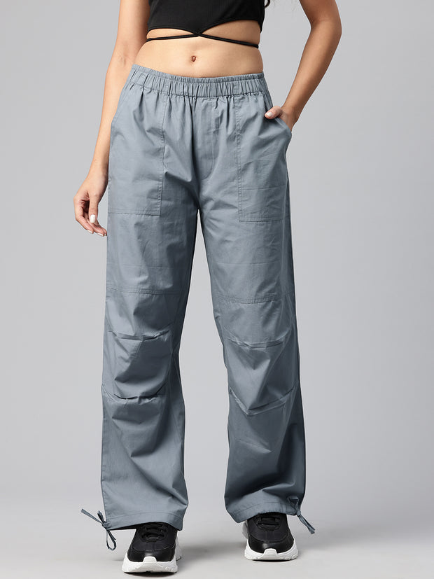 Grey Women Loose Fit High-Rise Cargos Trousers