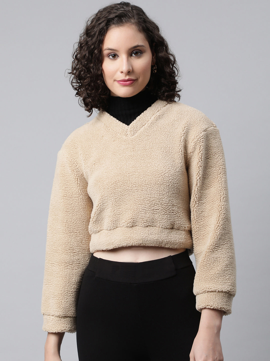 Beige Cropped Faux Fur Sweatshirt