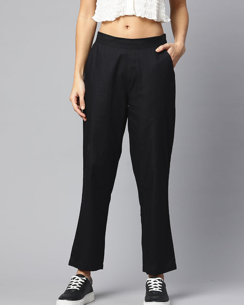 Black Pure Cotton Peg Trousers