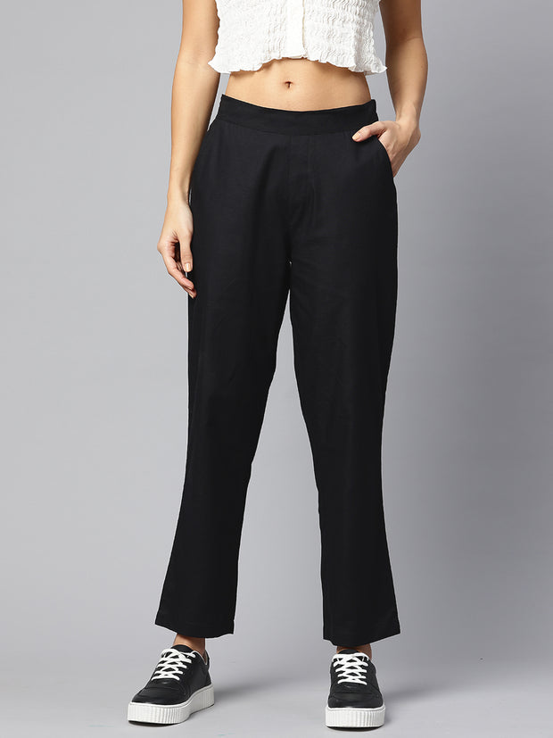 Black Pure Cotton Peg Trousers