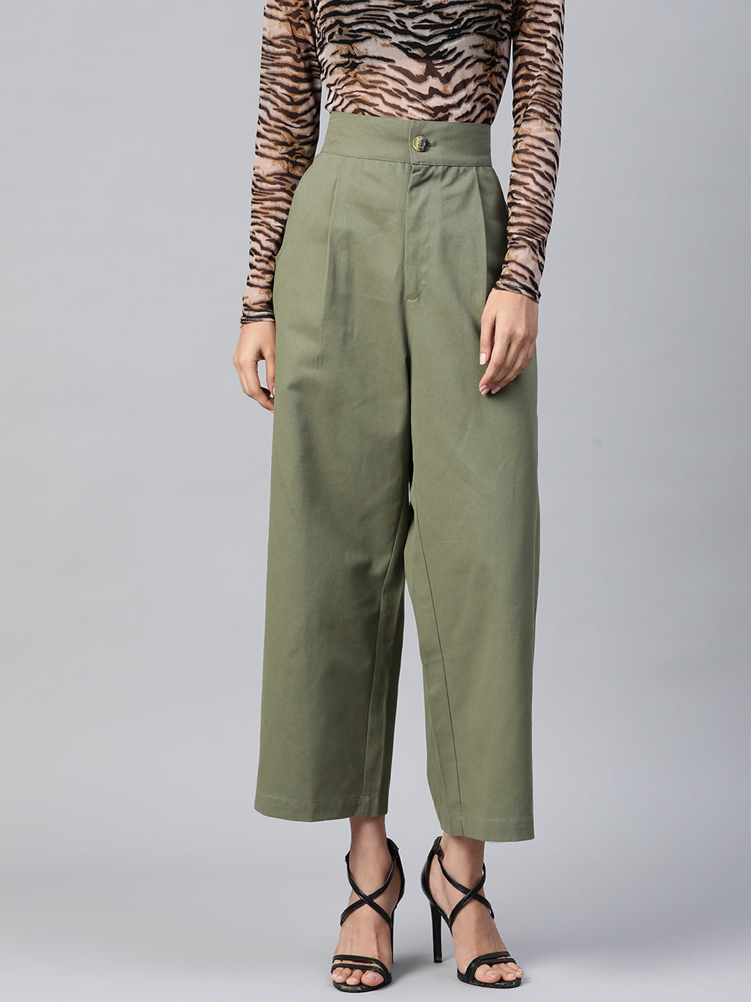 Women Olive Green Cotton Cropped Parallel Trousers