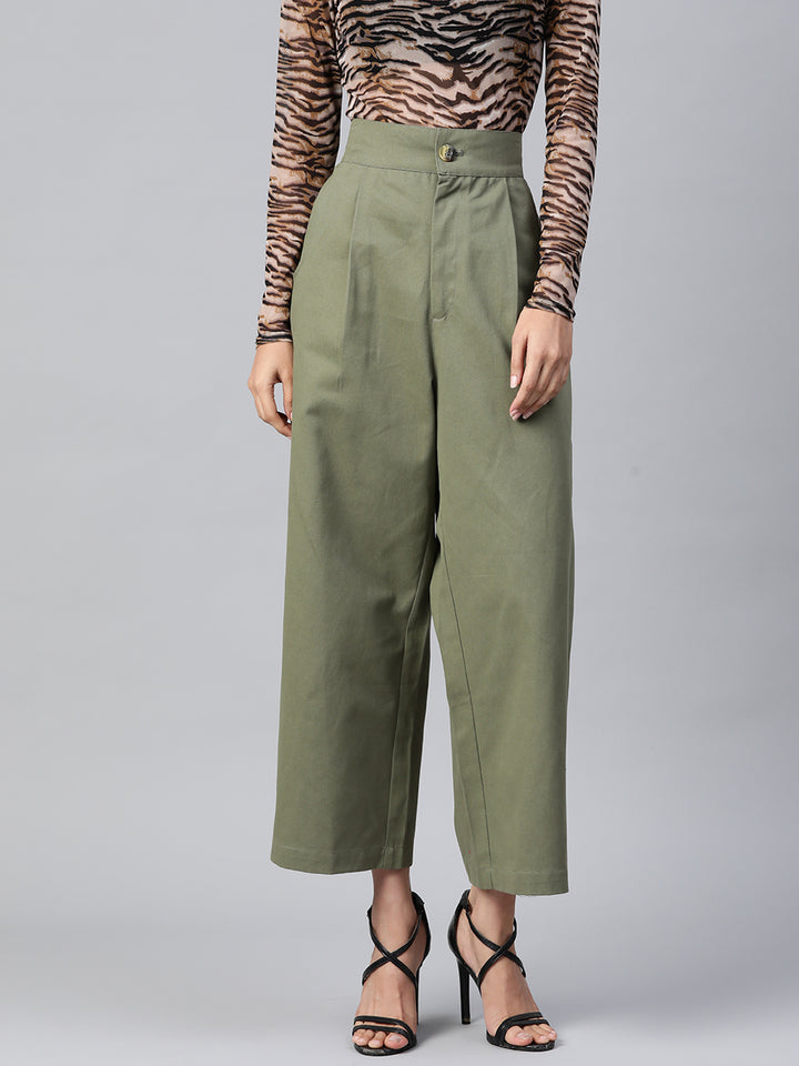 Women Olive Green Cotton Cropped Parallel Trousers