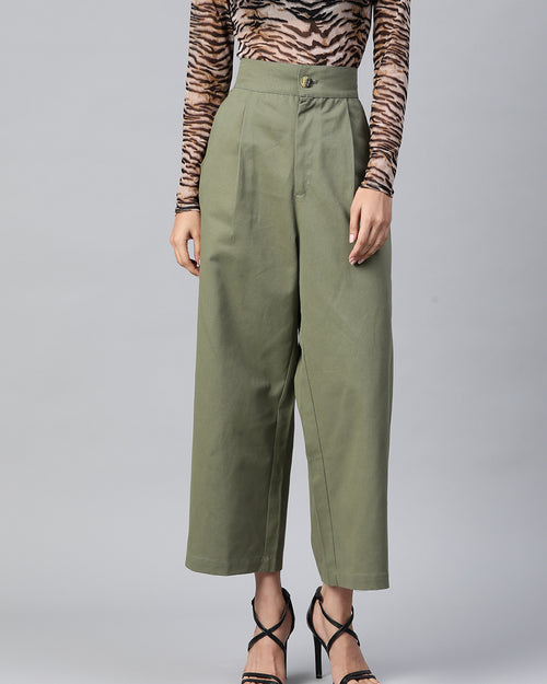 Women Olive Green Cotton Cropped Parallel Trousers