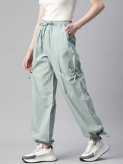 Sea Green Loose Fit High-Rise Pure Cotton Parachute Cargo Trouser