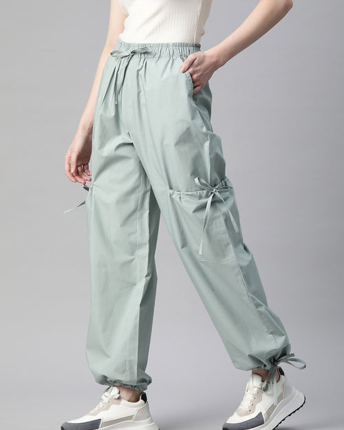 Sea Green Loose Fit High-Rise Pure Cotton Parachute Cargo Trouser