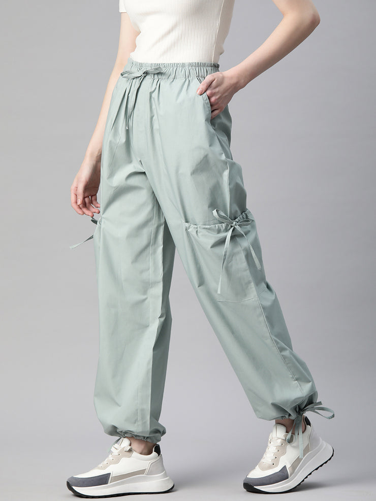 Sea Green Loose Fit High-Rise Pure Cotton Parachute Cargo Trouser