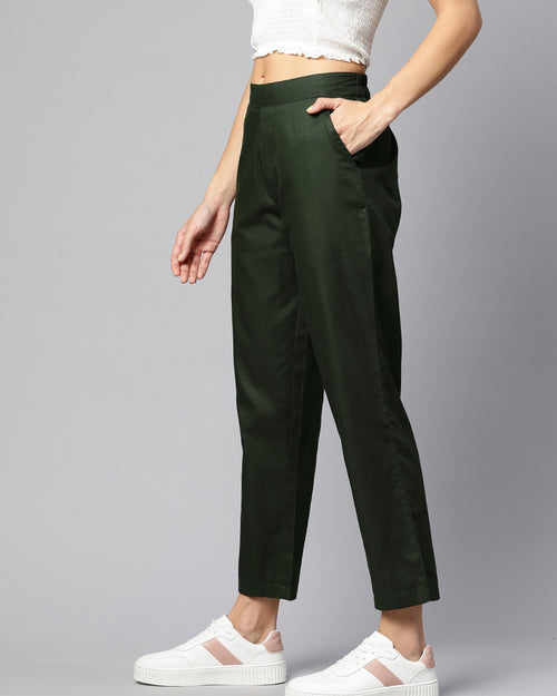 Olive Green Pure Cotton Peg Trousers