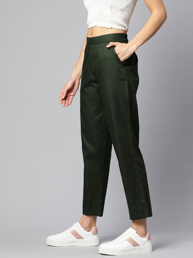 Olive Green Pure Cotton Peg Trousers