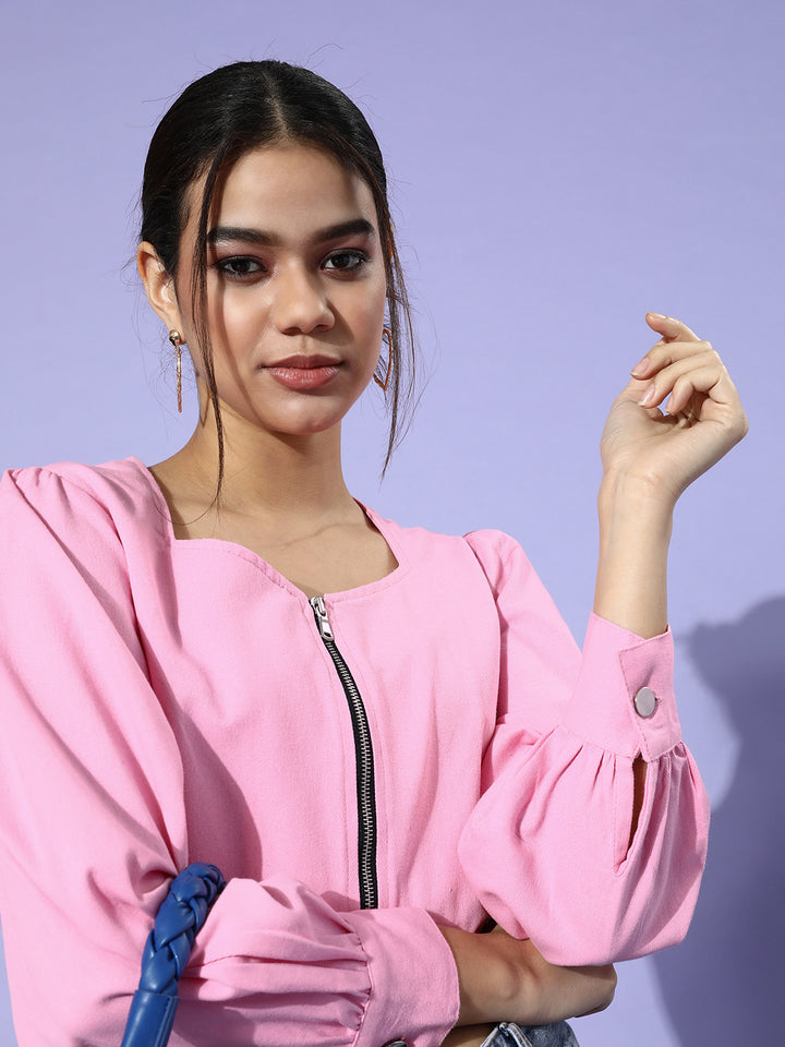 Women Pink Solid Pure Cotton Cropped Jacket