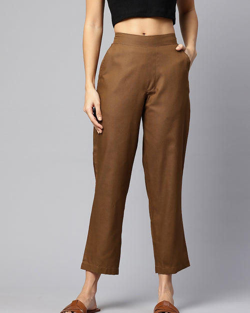 Brown Pure Cotton Peg Trousers