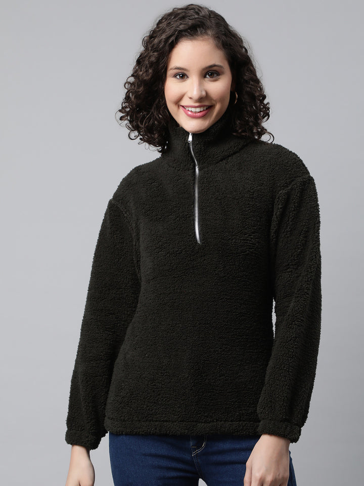 Women Olive Green Faux Fur Sweatshirt, Half Zipper