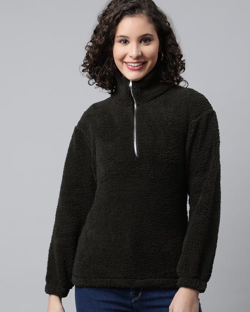Women Olive Green Faux Fur Sweatshirt, Half Zipper