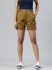 Khaki High-Rise Pure Cotton Cargo Shorts