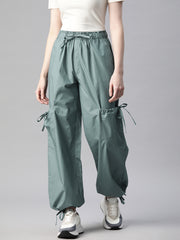 Teal Loose Fit High-Rise Pure Cotton Parachute Cargo Trouser