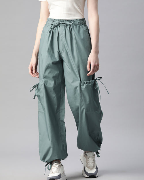Teal Loose Fit High-Rise Pure Cotton Parachute Cargo Trouser
