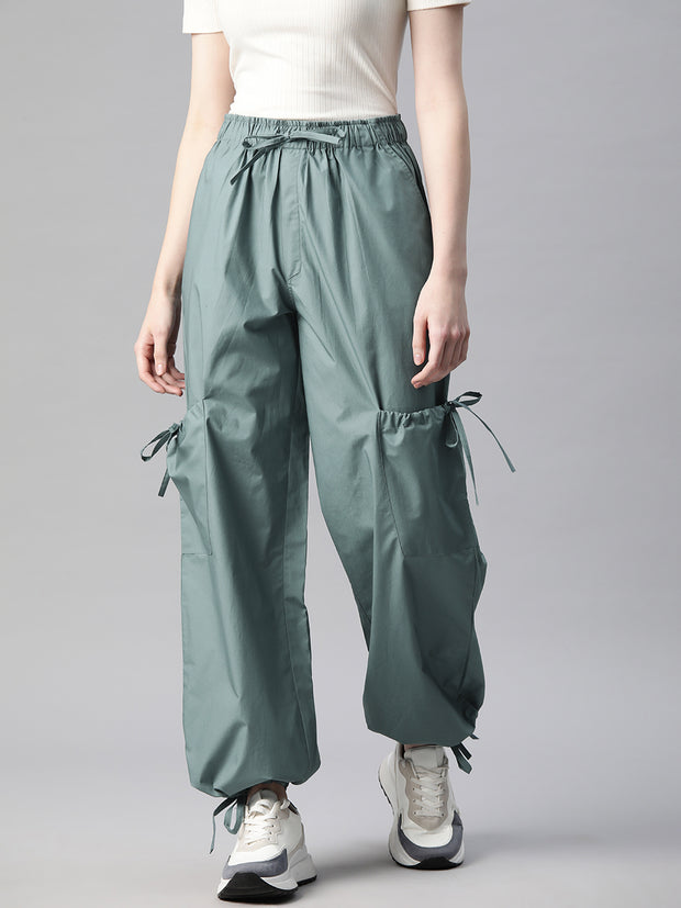 Teal Loose Fit High-Rise Pure Cotton Parachute Cargo Trouser