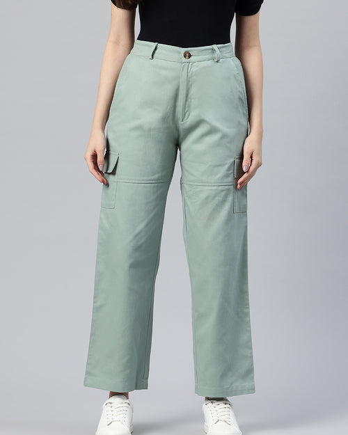 Sea Green Flat-Front High-Rise Pure Cotton Cargos