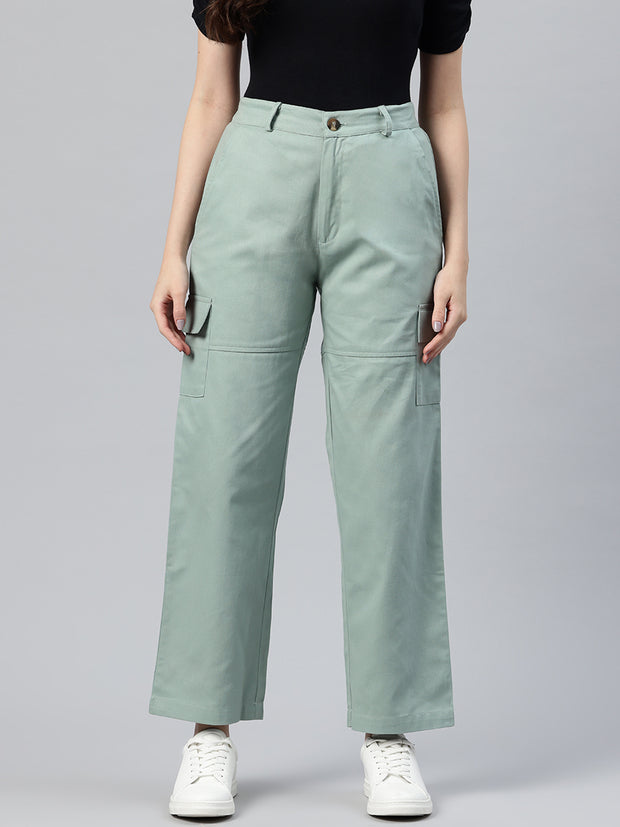 Sea Green Flat-Front High-Rise Pure Cotton Cargos