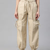 Beige Loose Fit High-Rise Pure Cotton Parachute Cargo Trouser
