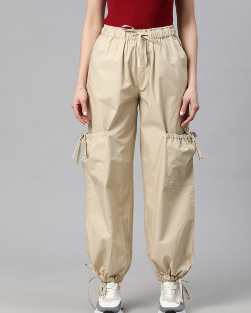 Beige Loose Fit High-Rise Pure Cotton Parachute Cargo Trouser