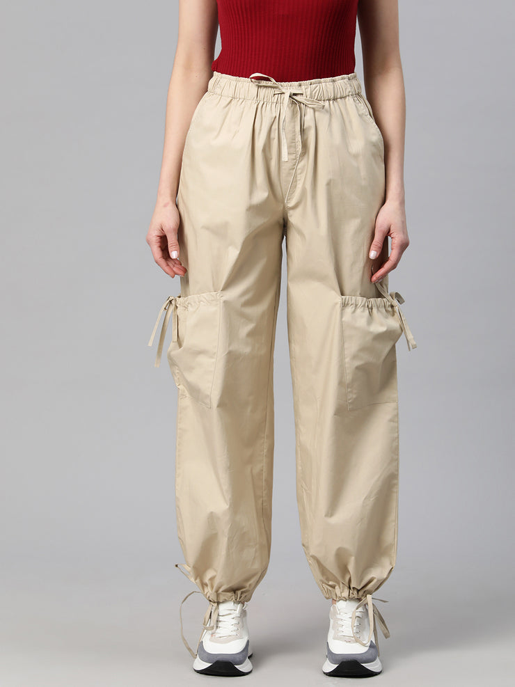 Beige Loose Fit High-Rise Pure Cotton Parachute Cargo Trouser