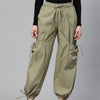 Green Loose Fit High-Rise Pure Cotton Parachute Cargo Trouser