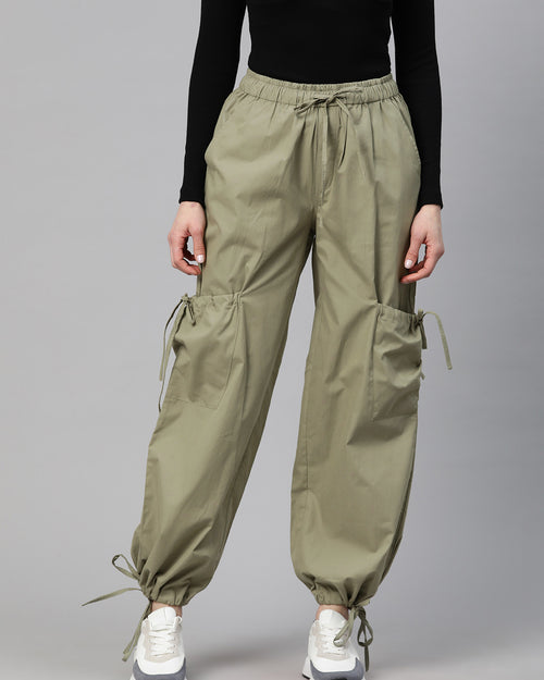 Green Loose Fit High-Rise Pure Cotton Parachute Cargo Trouser