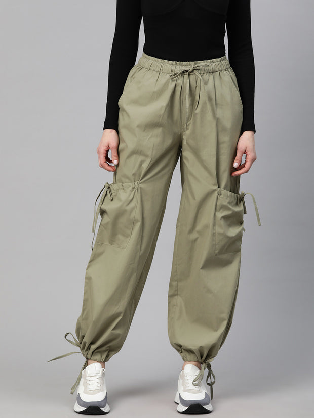 Green Loose Fit High-Rise Pure Cotton Parachute Cargo Trouser